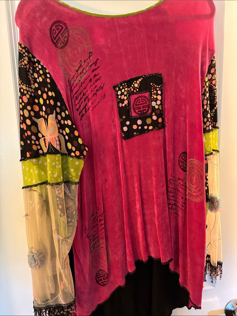 Bright Pink High-Low top with Sheer Embroidered Beaded Sleeve